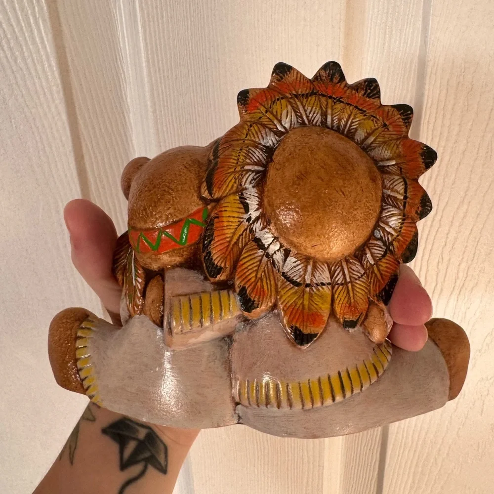 Vintage Hand Painted Ceramic Thanksgiving Teddy Bears Native American Figurine